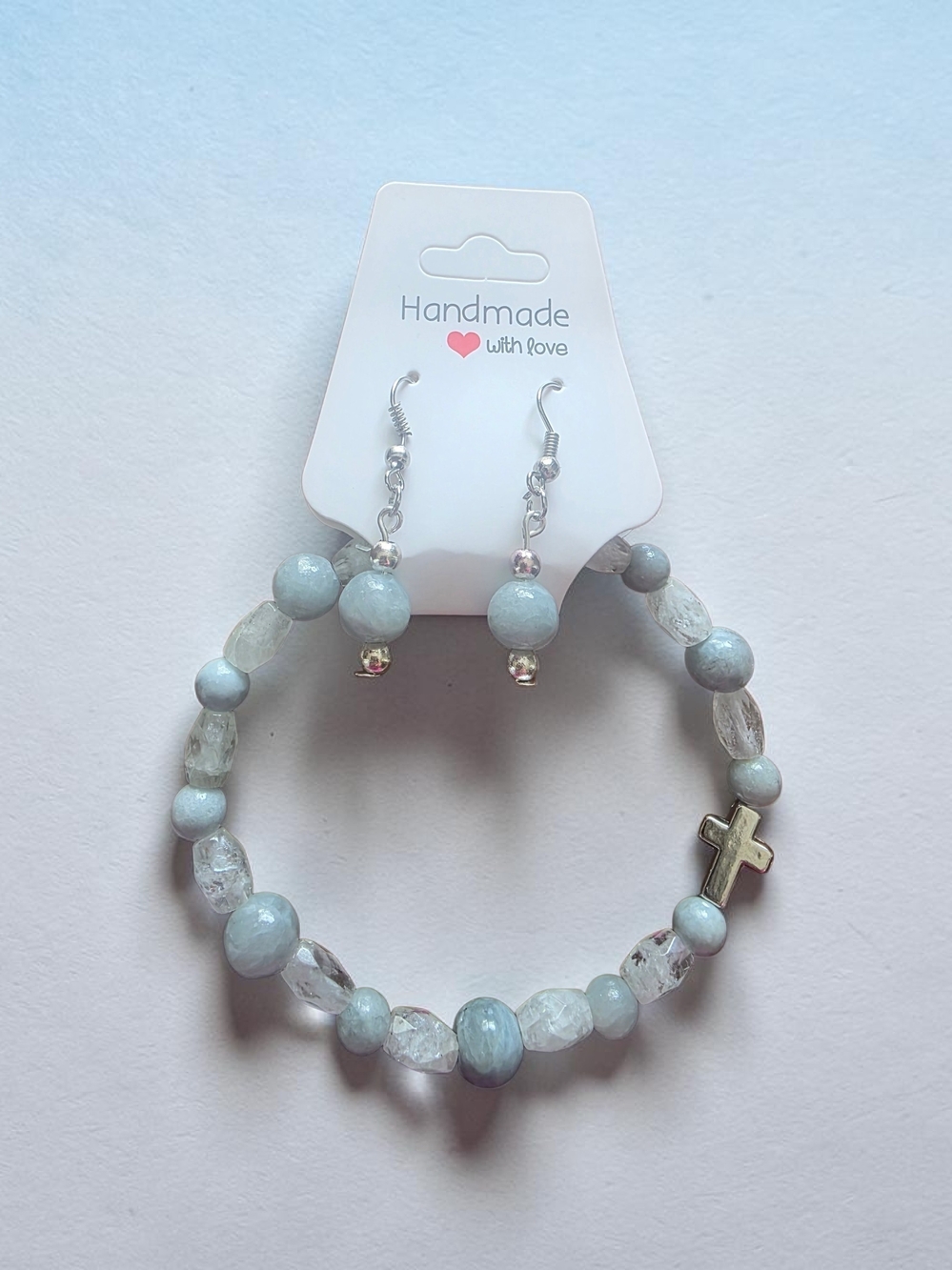 Handmade Aquamarine Clear Quartz Cross Bracelet & Earring Jewelry Set